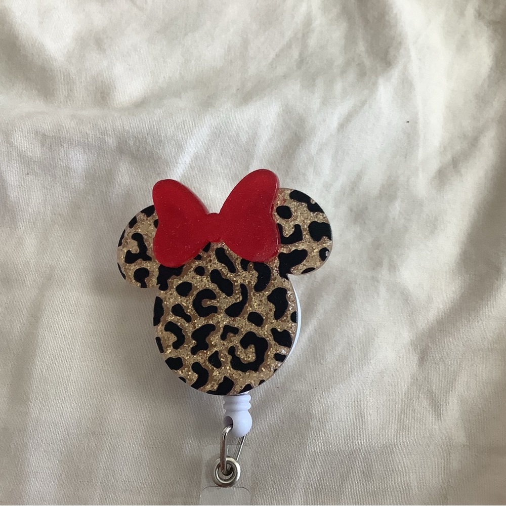 Leopard Glitter Minnie Badge Reel with Red Bow